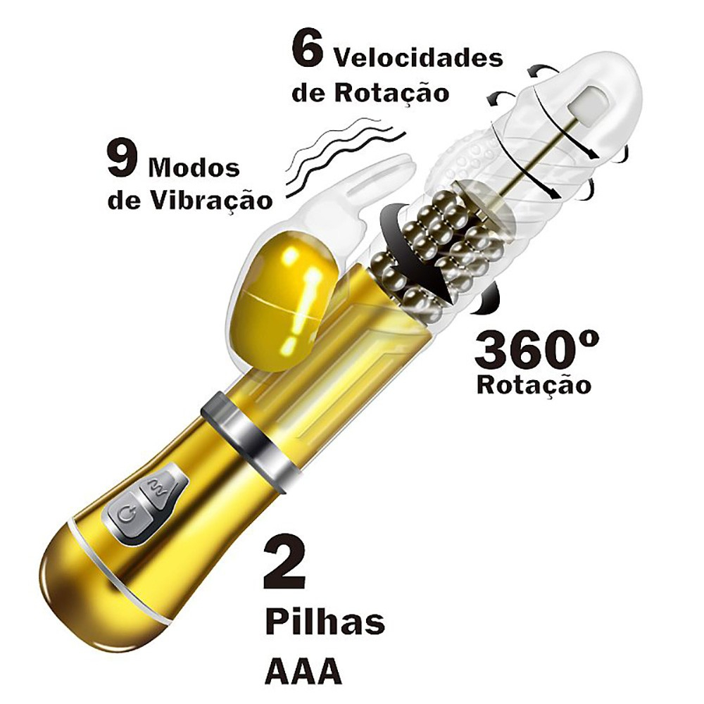 Vibrador Rabbit em Jelly 9 Vibra��es, 6 Rota��es com Estimulador de Clit�ris Coelho II Dourado | Foto 04