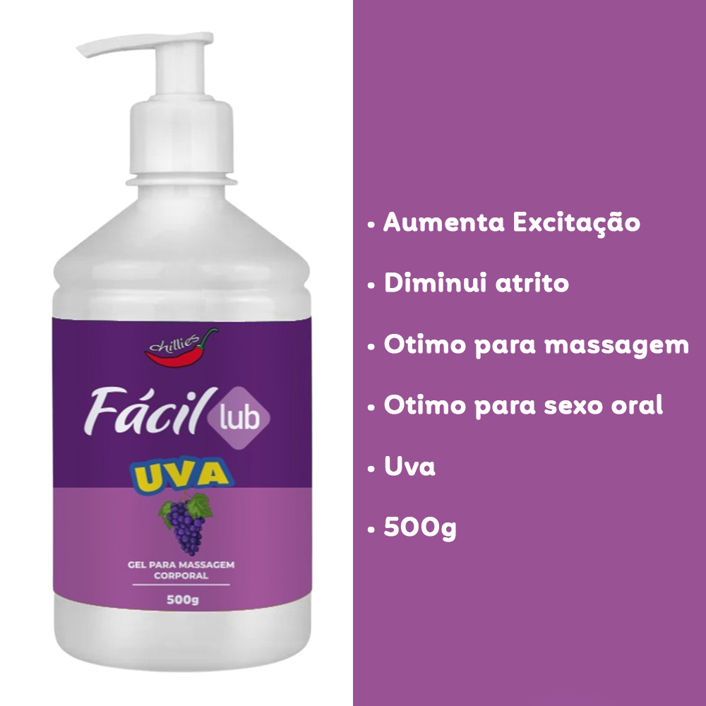 Lubrificante Beij�vel F�cil Lub Sabor Uva 500g: embalagem com r�tulo roxo, destacando benef�cios como 'Aumenta Excita��o', 'Diminui atrito', '�timo para massagem', '�timo para sexo oral', 'Uva', e '500g'.