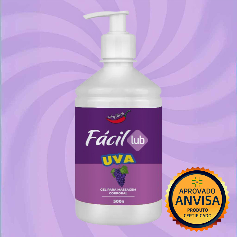 Lubrificante Beij�vel F�cil Lub Sabor Uva 500g com selo 'Aprovado ANVISA - Produto Certificado', garantindo seguran�a e qualidade.
