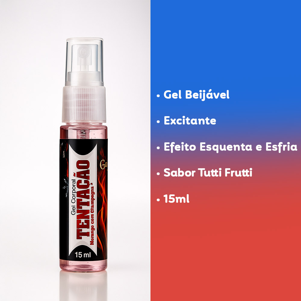 Excitante Unissex Esquenta e Esfria Beij�vel Tenta��o Sabor Tutti Frutti 15ml em embalagem, com destaque para seus benef�cios: Gel Beij�vel, Excitante, Efeito Esquenta e Esfria, Sabor Tutti Frutti e 15ml.