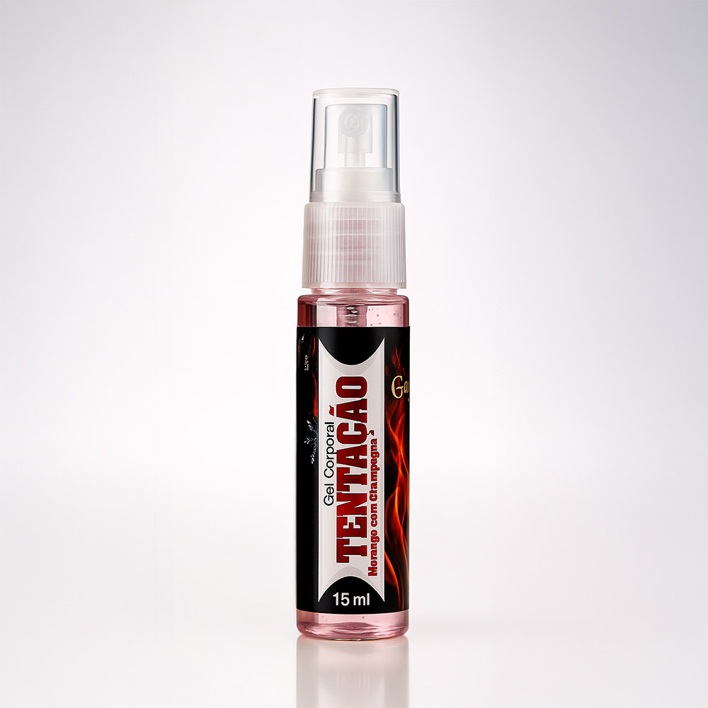 Frasco do Excitante Unissex Esquenta e Esfria Beij�vel Tenta��o Sabor Tutti Frutti 15ml em close-up, mostrando o l�quido e o aplicador spray, destacando o r�tulo 