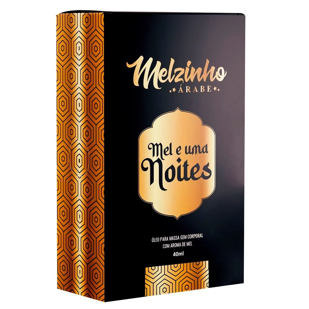 Caixa do �leo para Massagem Aroma Mel Melzinho �rabe 40ml com design elegante em preto e detalhes dourados de colmeia