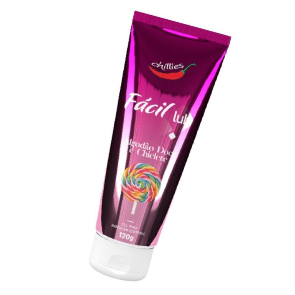 Gel lubrificante beij�vel de Algod�o Doce e Chiclete em embalagem de bisnaga com tampa branca, inclinado para a direita, real�ando o brilho do frasco roxo.