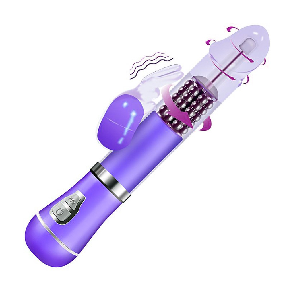Vibrador Rabbit Recarreg�vel Roxo com 9 Vibra��es e 6 Rota��es - corpo do produto mostrando detalhes da ponta girat�ria e estimulador de clit�ris