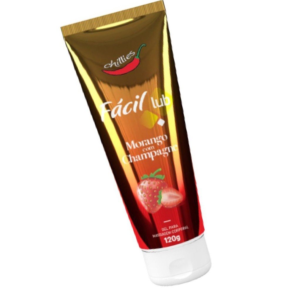Gel Lubrificante Beij�vel Morango com Champanhe F�cil Lub 120g - embalagem em leve diagonal mostrando a marca chillies