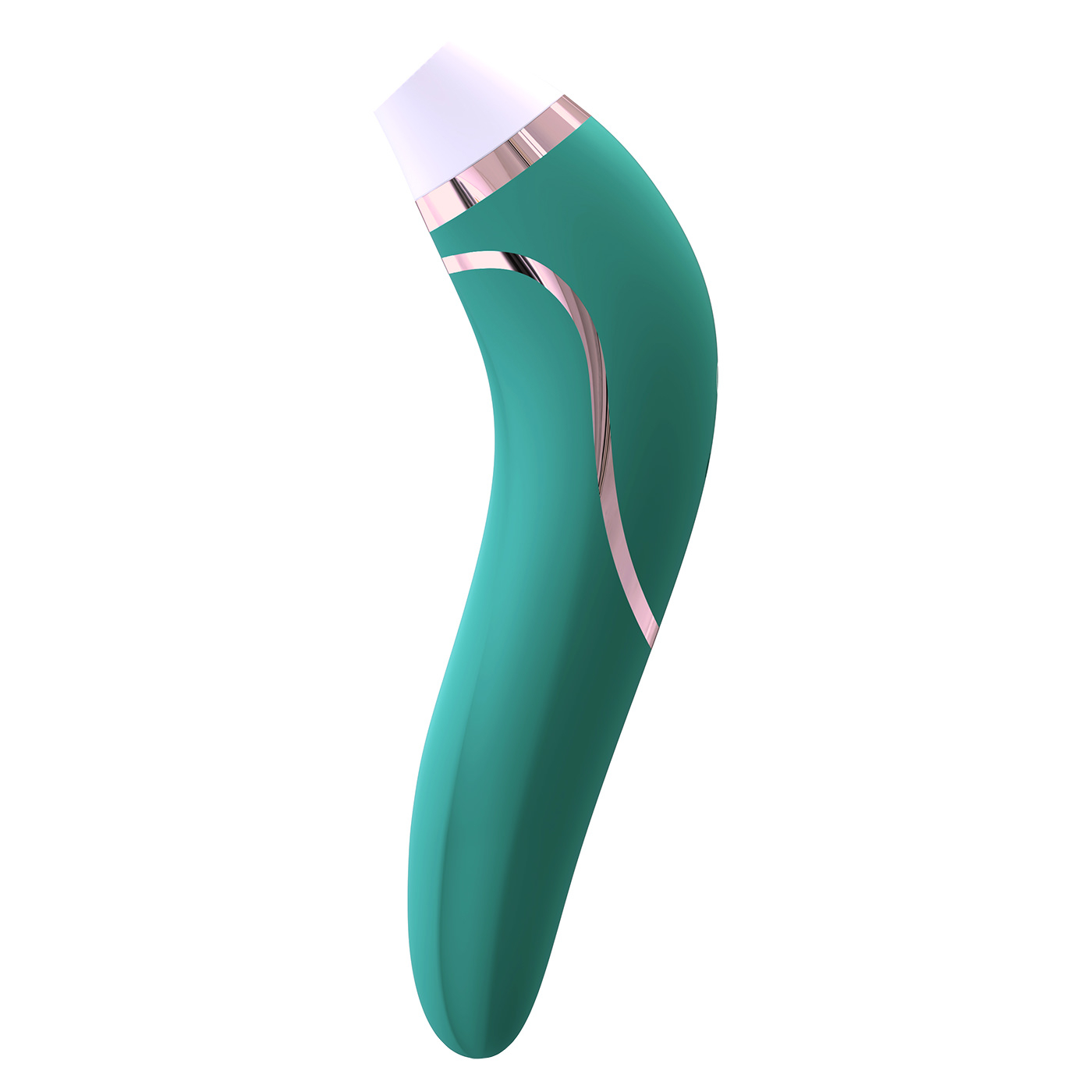 Vibrador para Clit�ris Sensevibe Plus em Silicone Recarreg�vel Cyan, imagem de perfil com detalhes em ouro ros�.