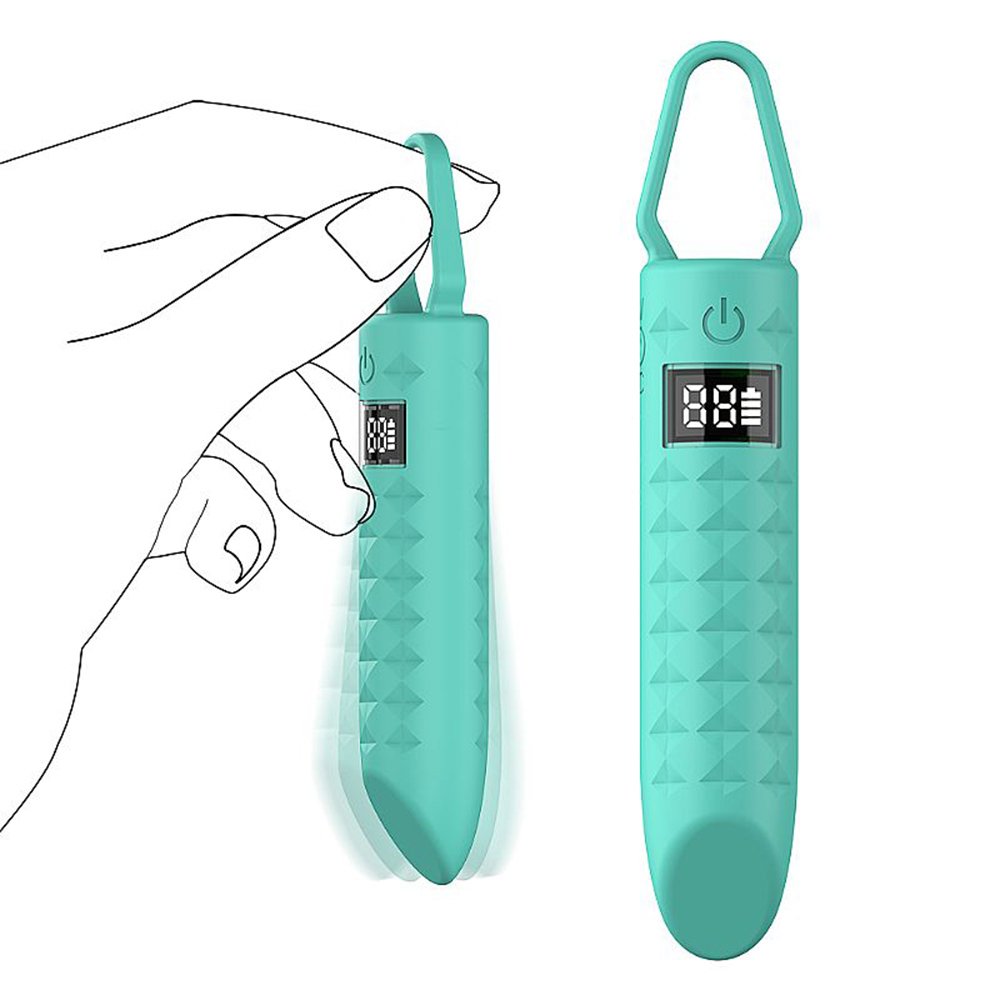 Vibrador Bullet Recarreg�vel em Silicone com 10 Vibra��es e Visor LED Cyan em uso na m�o, destacando o display LED e o formato ergon�mico