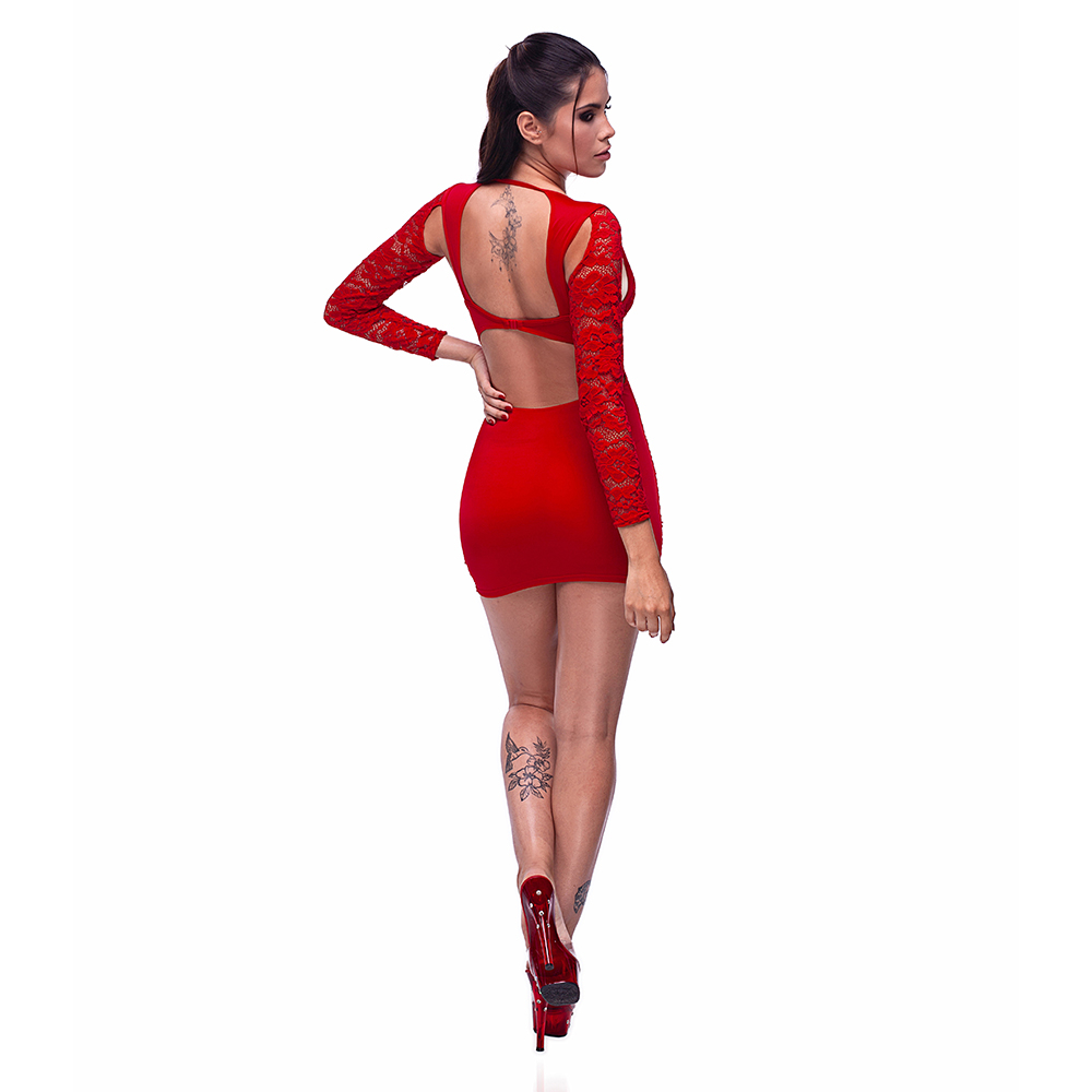 Vestido Sensual Sexy em Suplex Poli�ster Manga Longa em Renda com Tiras Vermelho | Vista traseira com detalhe em renda