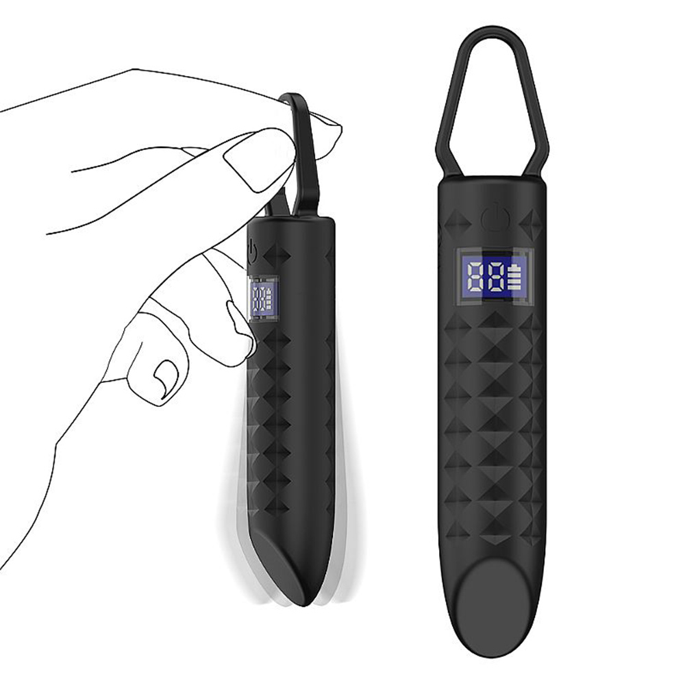 Vibrador Bullet Recarreg�vel em Silicone com 10 Vibra��es e Visor LED Preto em uso na m�o feminina, destacando seu tamanho compacto e design moderno