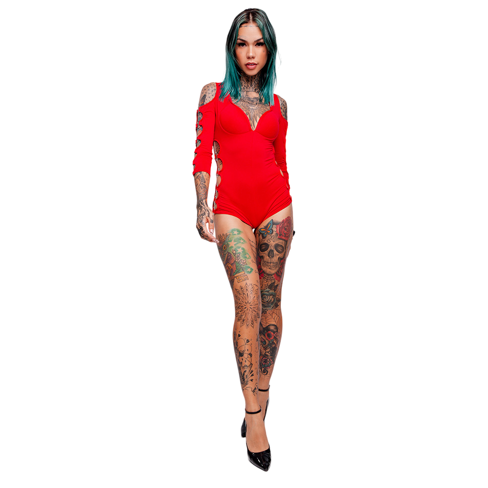 Macac�o Sensual Sexy em Suplex Poliamida Curto com Manga Tr�s Quartos e Argolas Vermelho | Foto 04