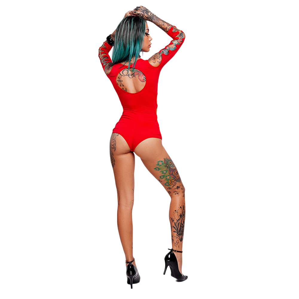 Macac�o Sensual Sexy em Suplex Poliamida Curto com Manga Tr�s Quartos e Argolas Vermelho | Foto 05