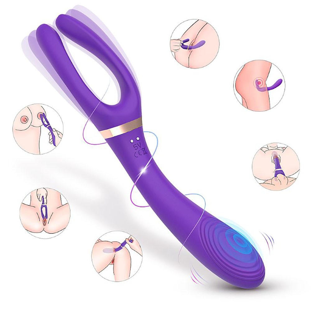 Vibrador Masculino em Silicone Recarreg�vel com 9 Vibra��es Roxo em uso demonstrativo em diferentes partes do corpo masculino