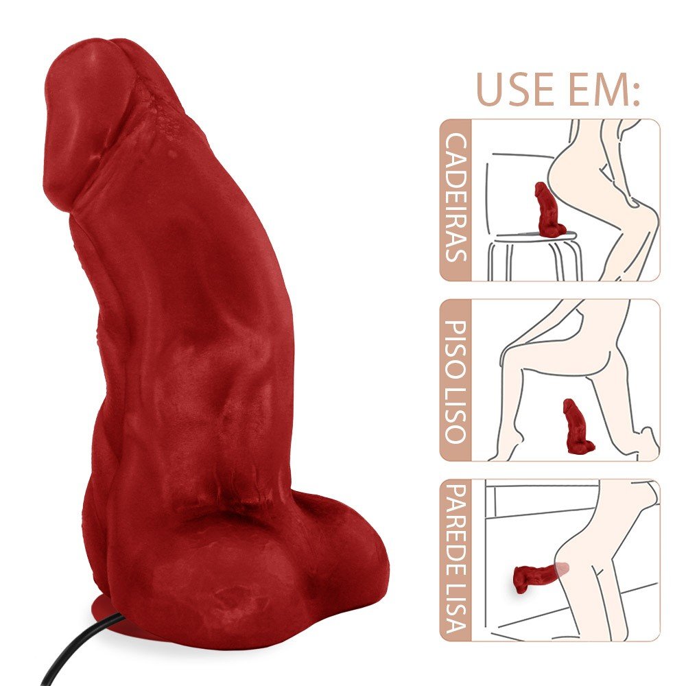 P�nis Flex�vel com Textura Massageadora e Escroto, Ventosa e Vibro Gator ilustrando possibilidades de fixa��o vertical na parede e horizontal no piso