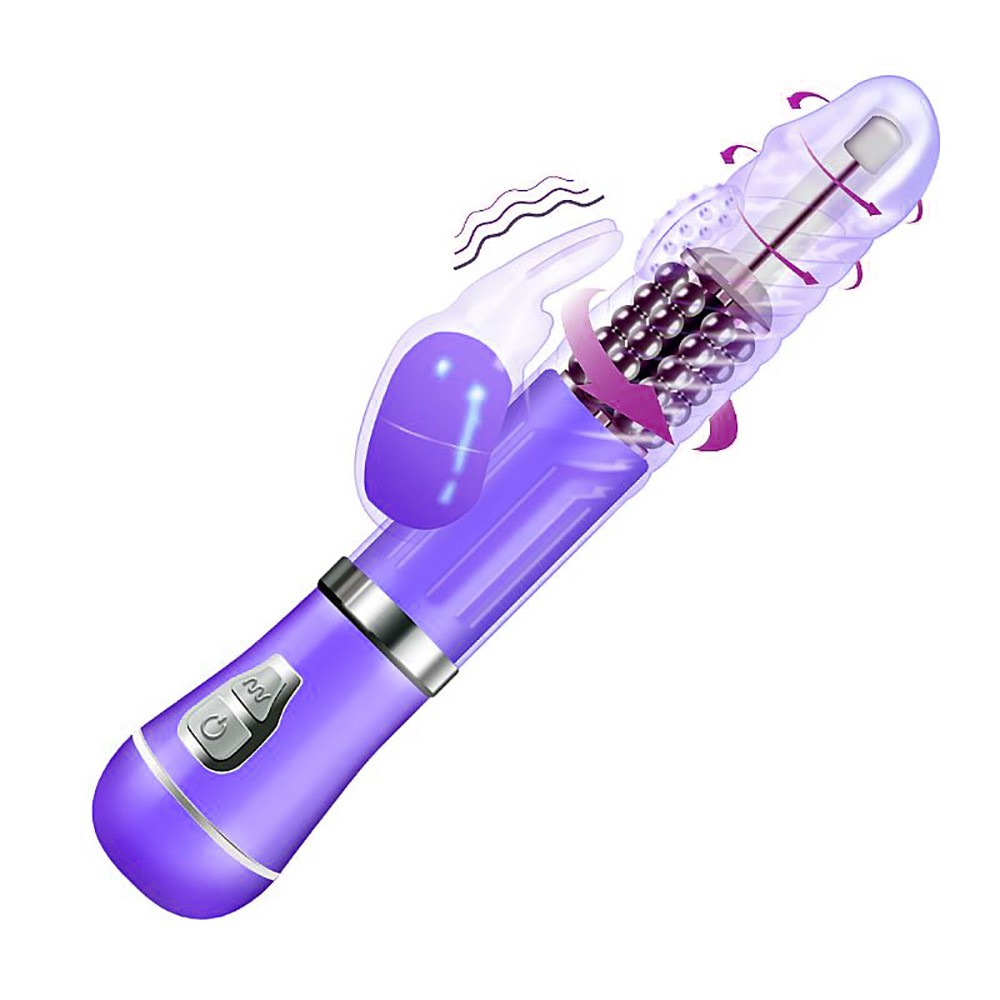 Vibrador Rabbit Recarreg�vel Coelho II Roxo em vista angular, destacando o corpo vibrat�rio principal com esferas rotativas e o estimulador de clit�ris em formato de orelha de coelho.