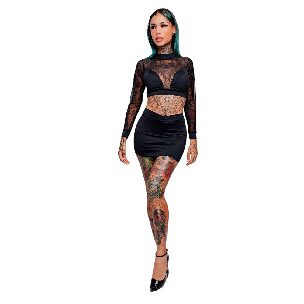 Conjunto Sensual Sexy em Suplex Poliamida com Cropped Manga Comprida e Mini Saia Sexy Preto | Foto 04