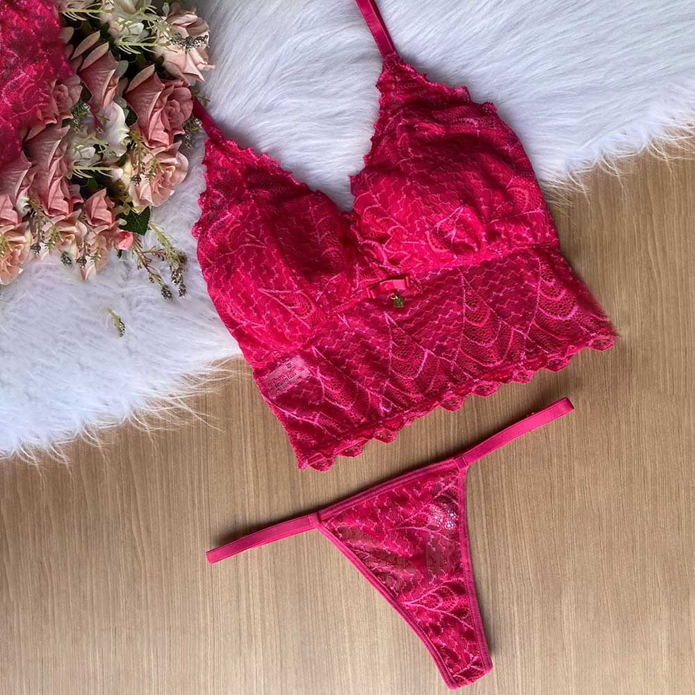 Conjunto Sensual Sexy em Renda com Cropped e Bojo e Calcinha String Fio Dental Leticia Pink - Foto 05 - Detalhe da renda e textura