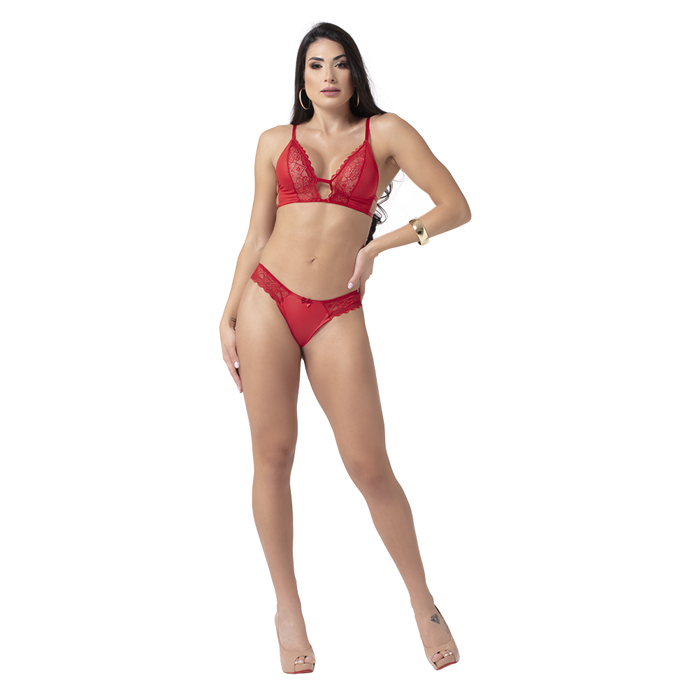 Conjunto Sensual Sexy em Cirr� e Renda sem Bojo Luany Vermelho - Vista frontal completa da modelo usando o conjunto