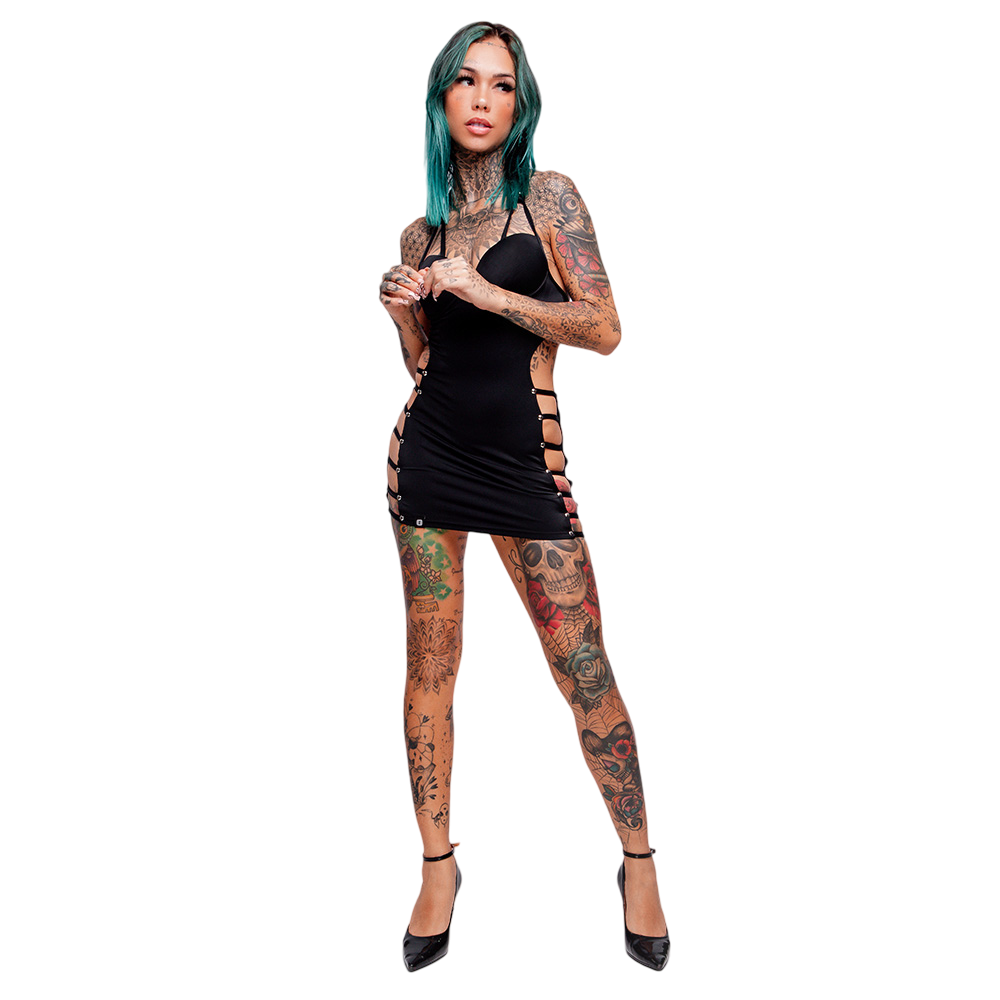 Vestido Sensual Sexy em Suplex Poli�ster Frente �nica com Rebites e Tiras Preto | Foto 05