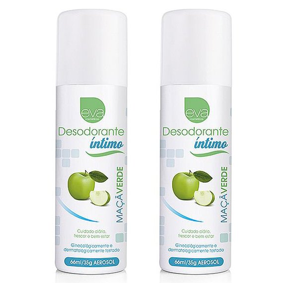 Desodorante �ntimo Aerosol Aroma Ma�a Verde 66ml com dois frascos em destaque.