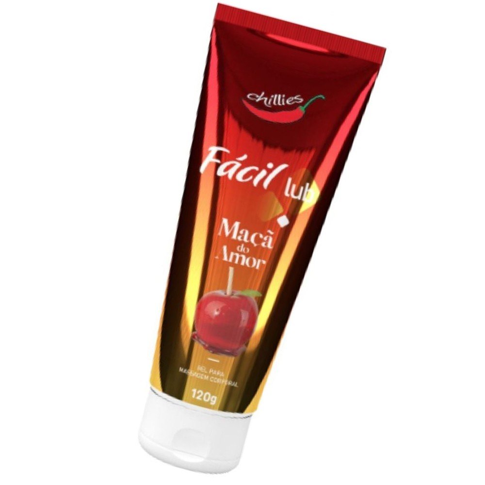 Gel Lubrificante Beij�vel Sabor Ma�� do Amor F�cil Lub 120g, frasco em perspectiva, destacando a fruta e a frase 'chillies'