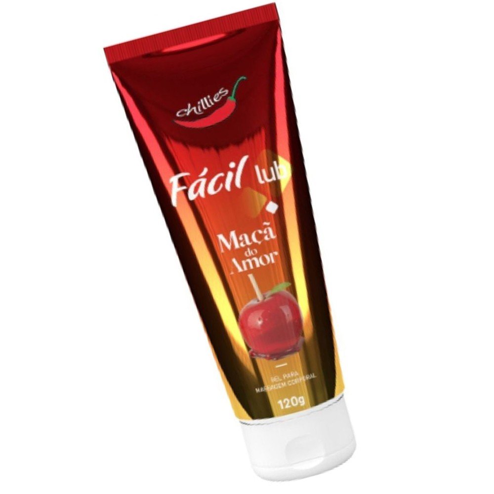 Gel Lubrificante Beij�vel Sabor Ma�� do Amor F�cil Lub 120g, frasco em outra perspectiva, mostrando o selo 'beij�vel' e a indica��o de massa corporal