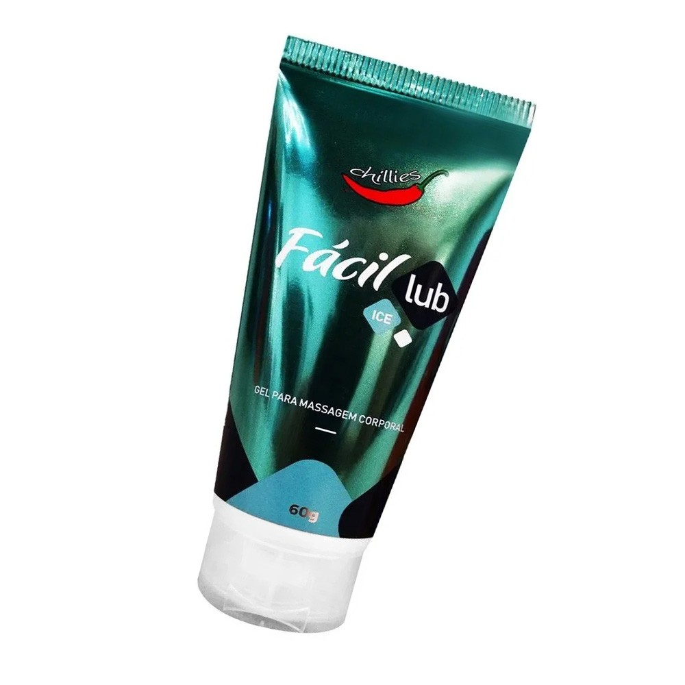 Gel Lubrificante Ice F�cil Lub 60g | Vista angulada mostrando a embalagem turquesa com logo Chillies e o nome F�cil Lub Ice