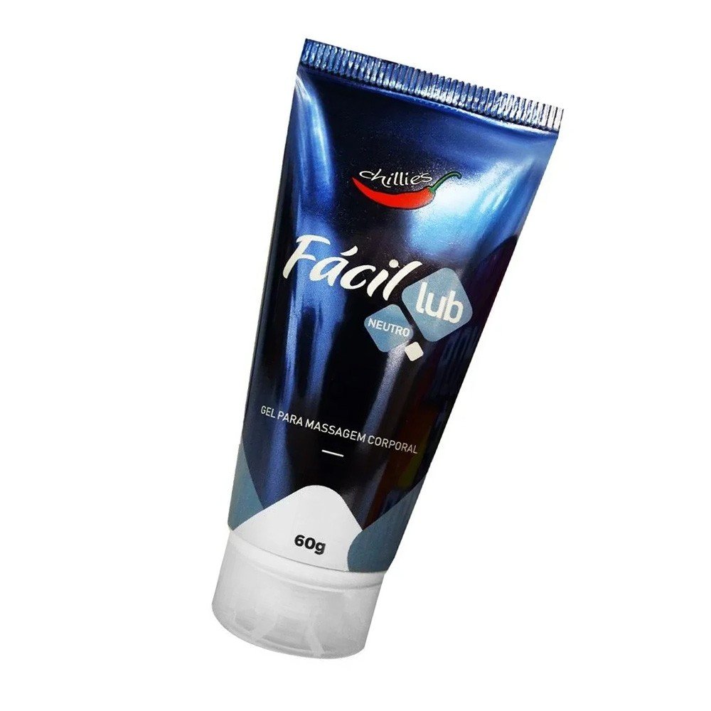 Gel Lubrificante Neutro F�cil Lub 60g em �ngulo, destacando a bisnaga azul escura com detalhes em branco e o logo da Chillies.