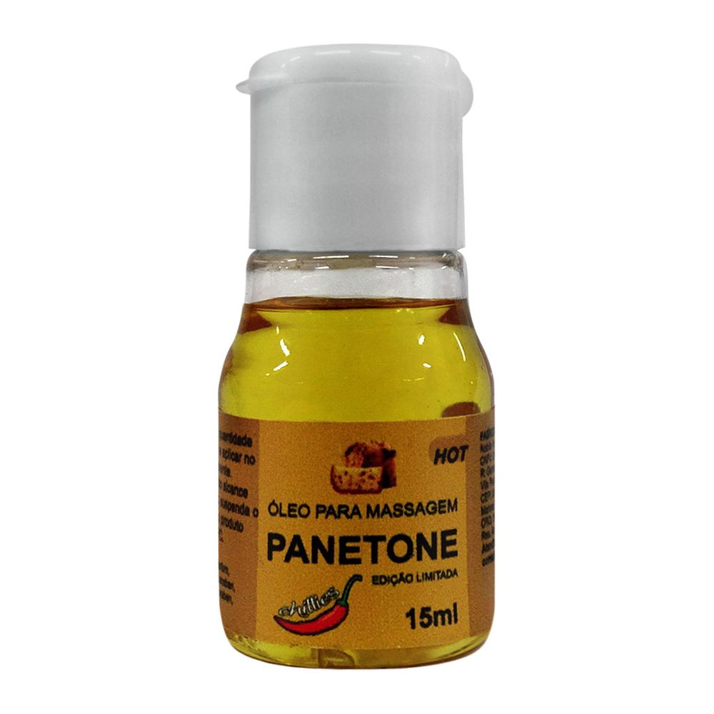 �leo para Massagem Hot Panetone 15ml, frasco pequeno com r�tulo marrom e imagem de panetone, ideal para massagens �ntimas com efeito quente.