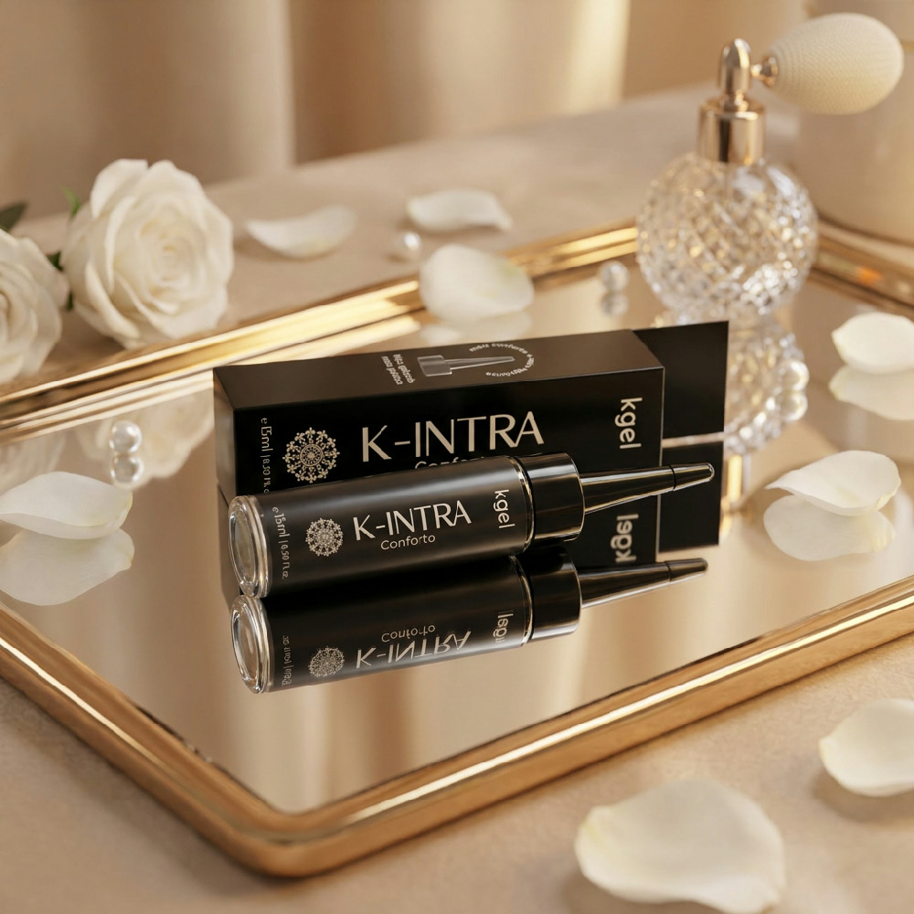 Gel Dessensibilizante para Sexo Anal K-Intra Conforto 15ml, frasco e embalagem em fundo ambiente espelhado
