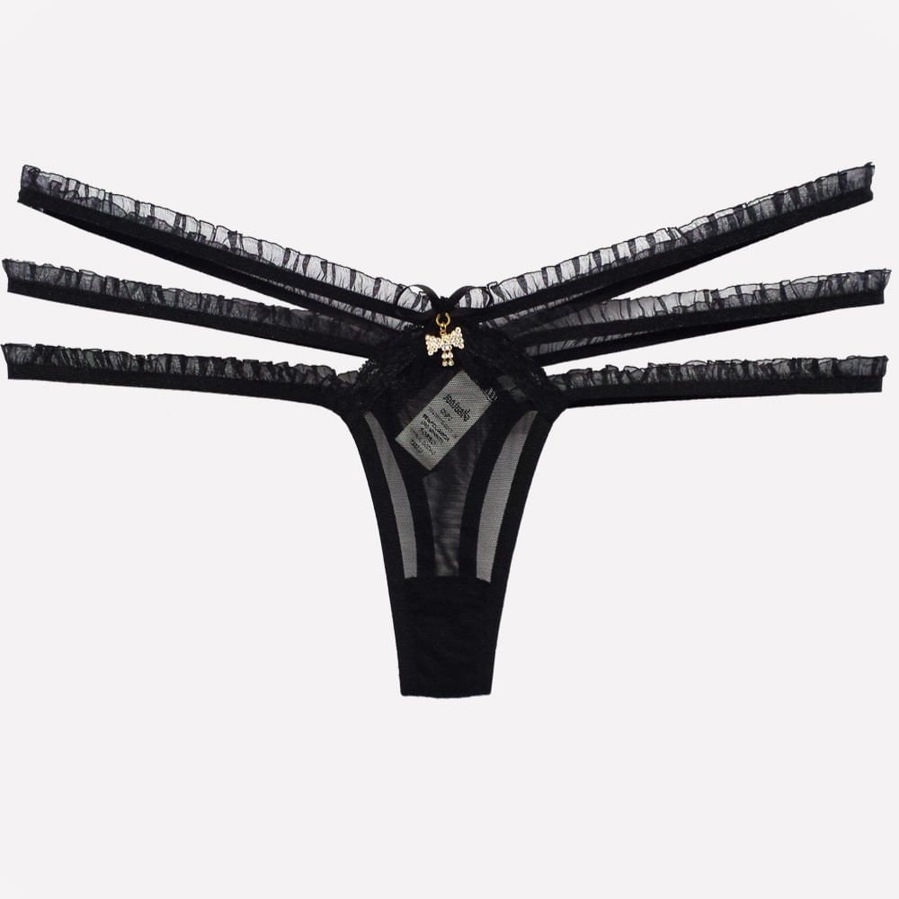Calcinha Strappy Fio Dental Sexy em Tule com El�stico na Cintura Preta | Foto 04