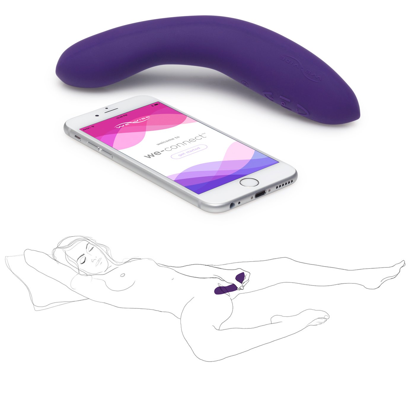 Vibrador Ponto G Rave by We-Vibe Roxo com smartphone e ilustra��o de uso