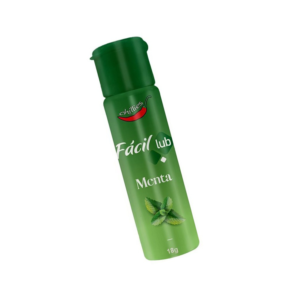 Gel Lubrificante Beij�vel Sabor Menta F�cil Lub, vis�o diagonal do frasco, exibindo o selo Chillies e a folha de menta