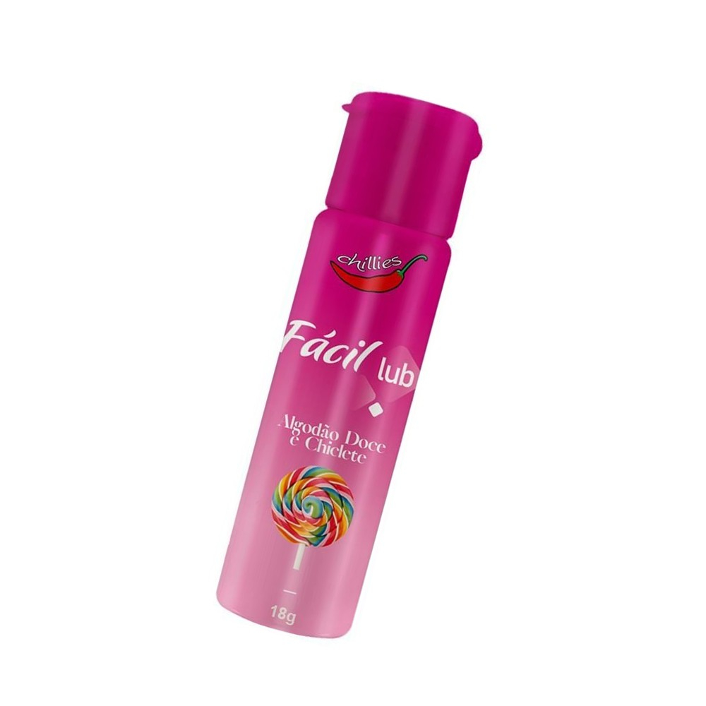 Gel Lubrificante Beij�vel Sabor Algod�o Doce e Chiclete F�cil Lub 18g: vista em �ngulo do frasco rosa com tampa flip-top, destaque para os logotipos 'Chillies' e 'F�cil Lub', e imagem de pirulito colorido � frente.