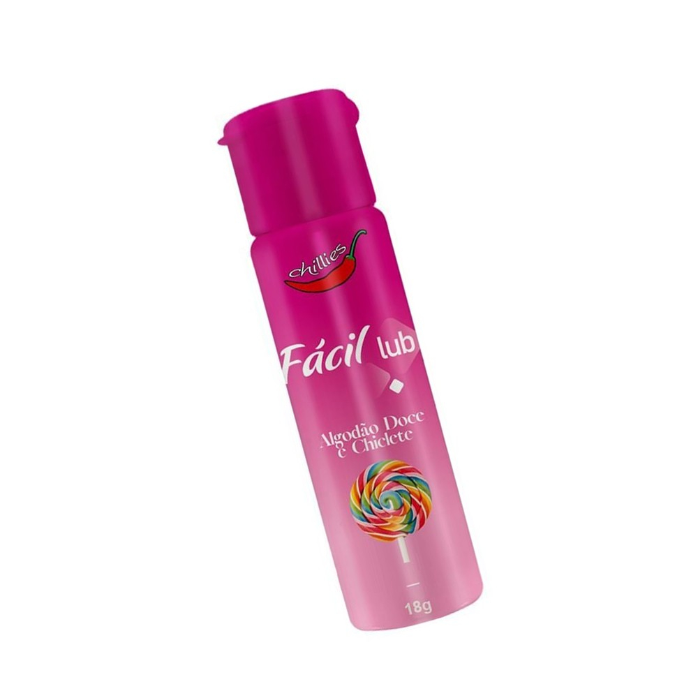 Gel Lubrificante Beij�vel Sabor Algod�o Doce e Chiclete F�cil Lub 18g: frasco rosa em vista frontal com a tampa flip-top ligeiramente aberta, ideal para mostrar a abertura e o mecanismo de uso.