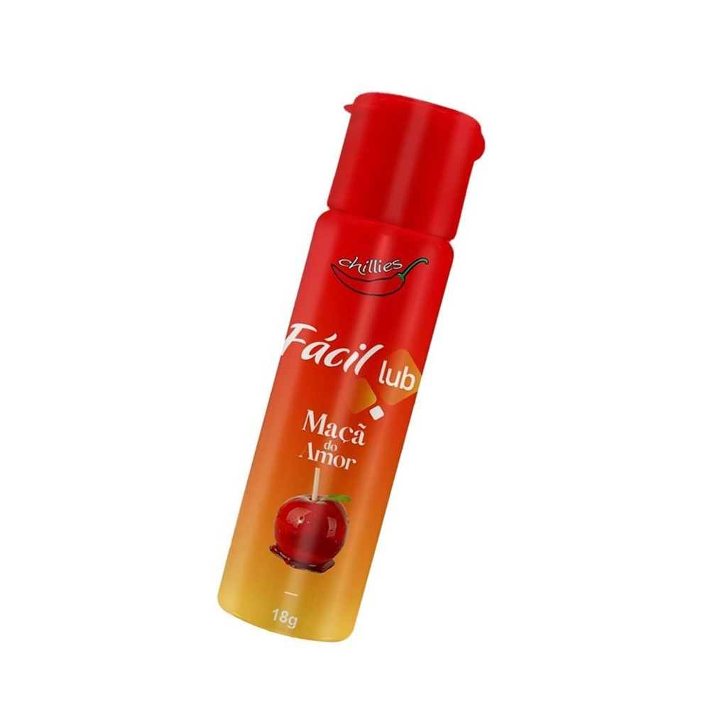 Gel Lubrificante Beij�vel Sabor Ma�� do Amor F�cil Lub 18g em �ngulo, exibindo o design do frasco e a ilustra��o da ma��