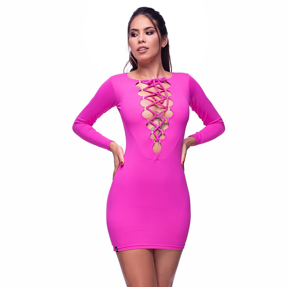 Vestido Sensual Sexy Pink de manga comprida com detalhes tran�ados