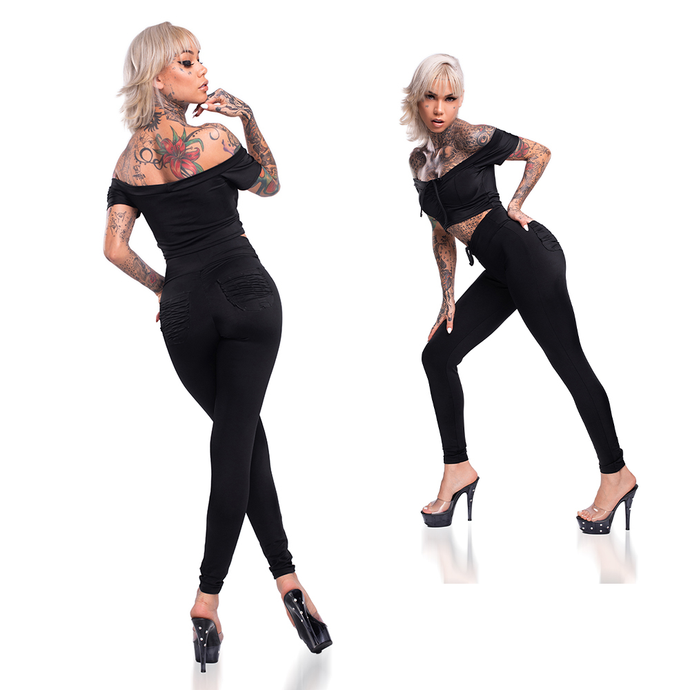 Conjunto Sensual Sexy em Suplex Poli�ster com Cal�a Levanta Bumbum e Cropped Preto | Foto 02