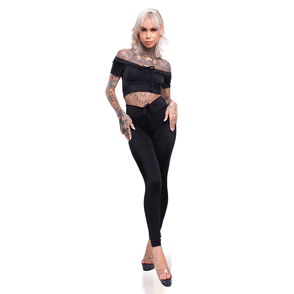 Conjunto Sensual Sexy em Suplex Poli�ster com Cal�a Levanta Bumbum e Cropped Preto | Foto 03
