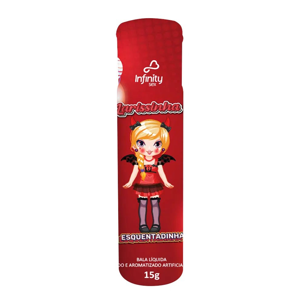 Embalagem vermelha do Gel Excitante Larissinha Hot Plus 15g com ilustra��o de personagem