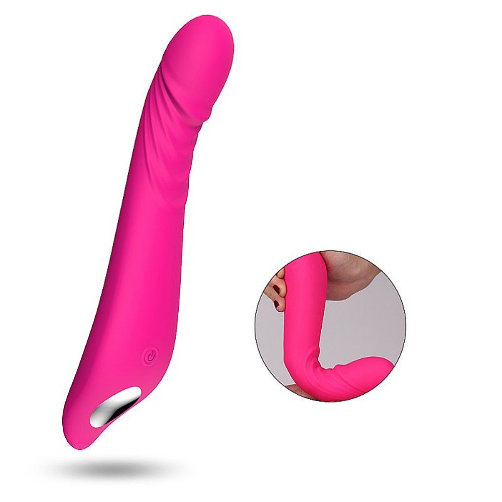 Vibrador Feminino em Silicone Recarreg�vel com 9 Vibra��es Ares Pink, flexionado para demonstrar a maleabilidade do material.