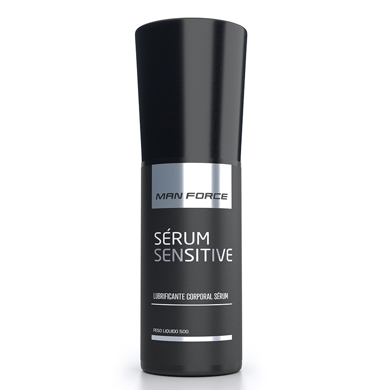 Gel Retardante S�rum Sensitive Man Force 50g em frasco preto elegante com detalhes em prata, ideal para prolongar o prazer e proporcionar controle