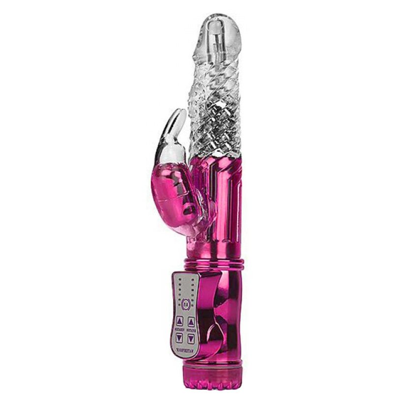 Vibrador Rabbit Rotativo com Estimulador e 36 Fun��es Pink, mostrando seu estimulador externo e console de controle