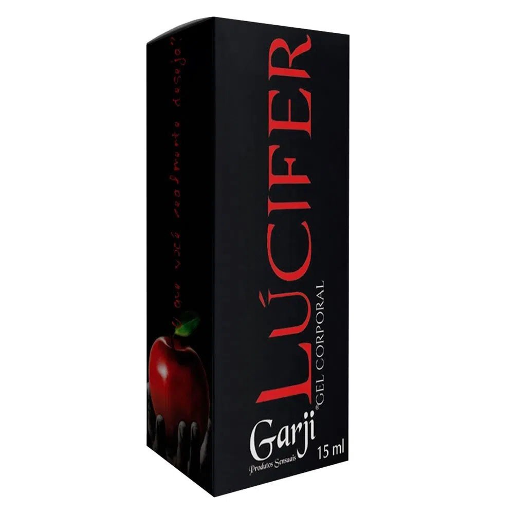 Caixa do Gel Excitante Unissex L�cifer 15ml com design atraente em preto e vermelho e ilustra��o de uma ma��