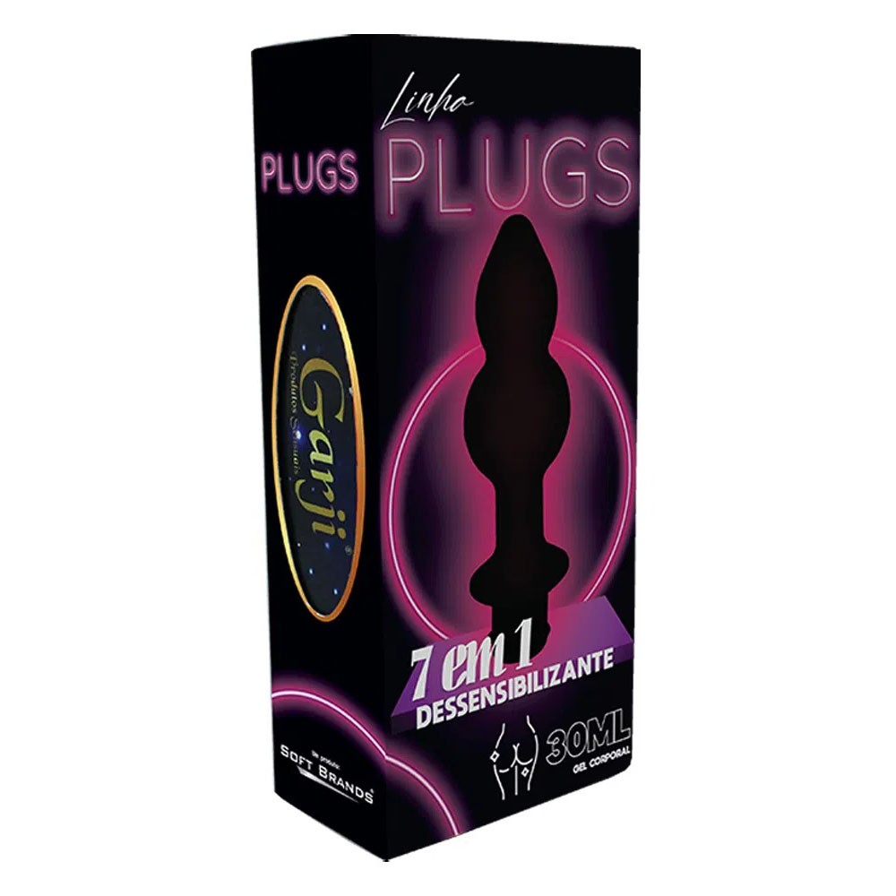 Caixa do gel dessensibilizante anal em formato de plug, mostrando informa��es sobre o produto 7 em 1 e 30ml.