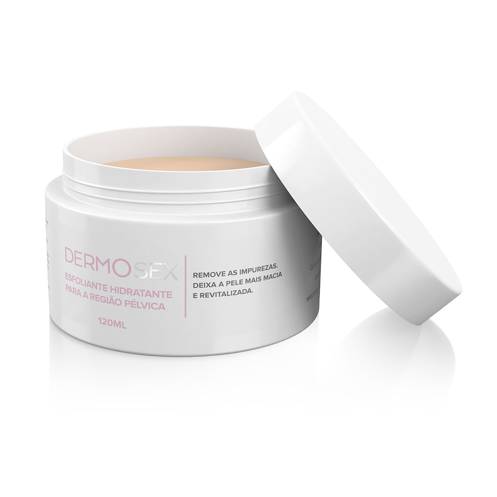 Esfoliante e Hidratante DERMOSex para Virilha e �nus 120ml com a tampa aberta, mostrando a textura do produto