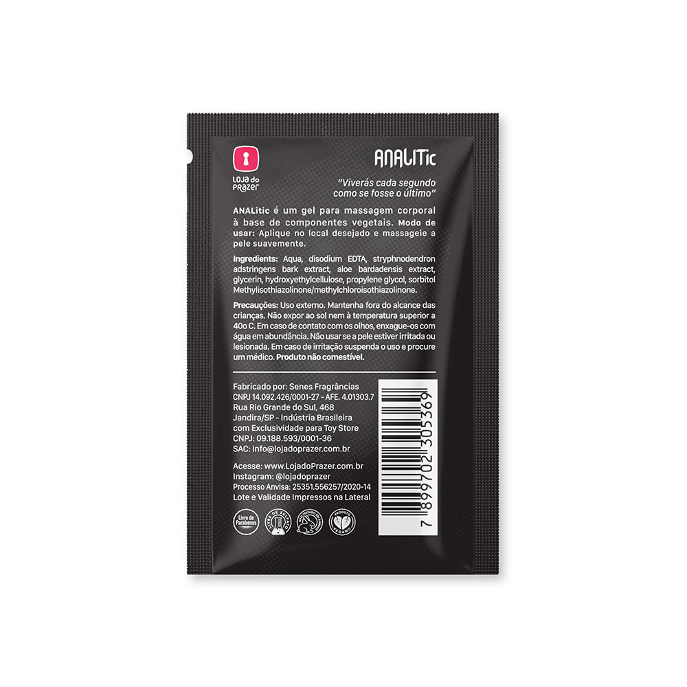 Gel Dessensibilizante Anal ANALic 8g, verso da embalagem com informa��es de uso e ingredientes