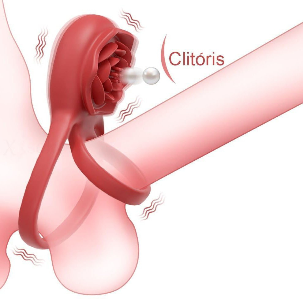 Ilustra��o do Anel Peniano e Escrotal Recarreg�vel em Silicone com Estimulador de Clit�ris vibrando e no corpo