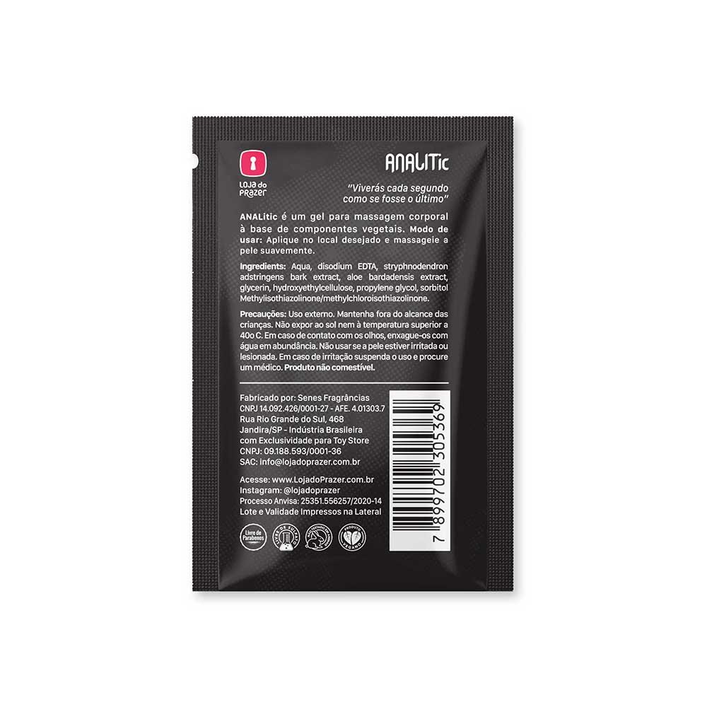 Verso da embalagem individual do Gel para Sexo Anal Dessensibilizante ANALic, com informa��es de uso e composi��o