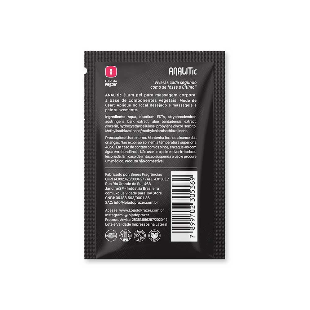 Verso da embalagem do Gel Dessensibilizante ANALic, com informa��es sobre ingredientes, modo de usar, precau��es e dados do fabricante