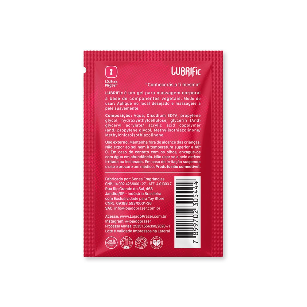 Verso do sach� de Gel Lubrificante �ntimo LUBRIFic 8g com informa��es de uso e composi��o